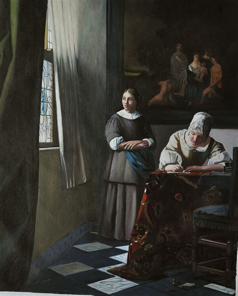 schrijvende vrouw in het geel|Lady Writing a Letter with her Maid